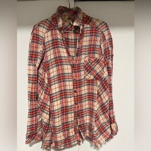 Free People Red and White Long Sleeve Button Down Shirt
